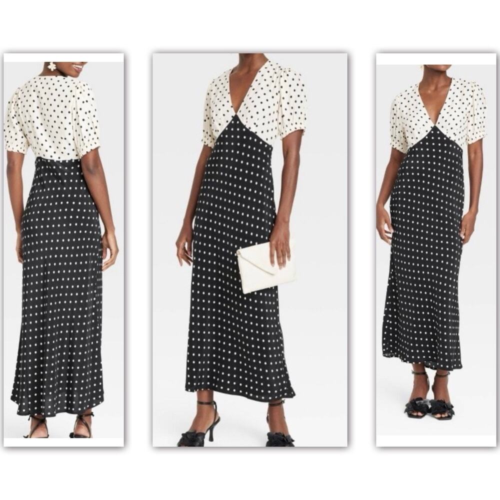 Polka Dot Midi Dress S Black White V Neck Flowy A Line Minimalist
